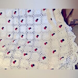 Handmade White Crochet Blanket with Red & Green Strawberry Accents, 62”x77”